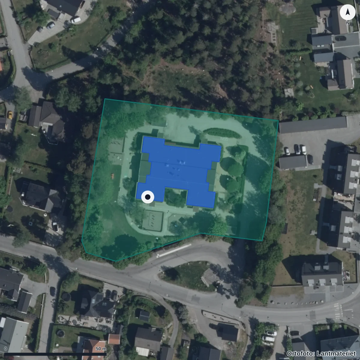 Flygbild över Odens Förskola, ortofoto från Lantmäteriet