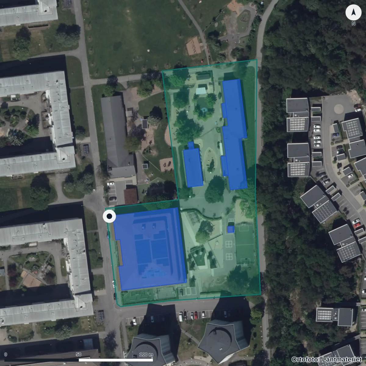 Flygbild över Munspelsgatan 6 Förskola, ortofoto från Lantmäteriet
