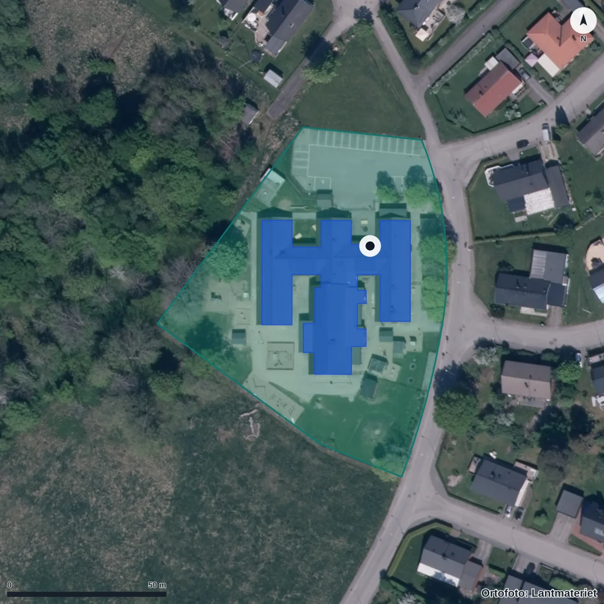 Flygbild över Propellergatans Förskola, ortofoto från Lantmäteriet