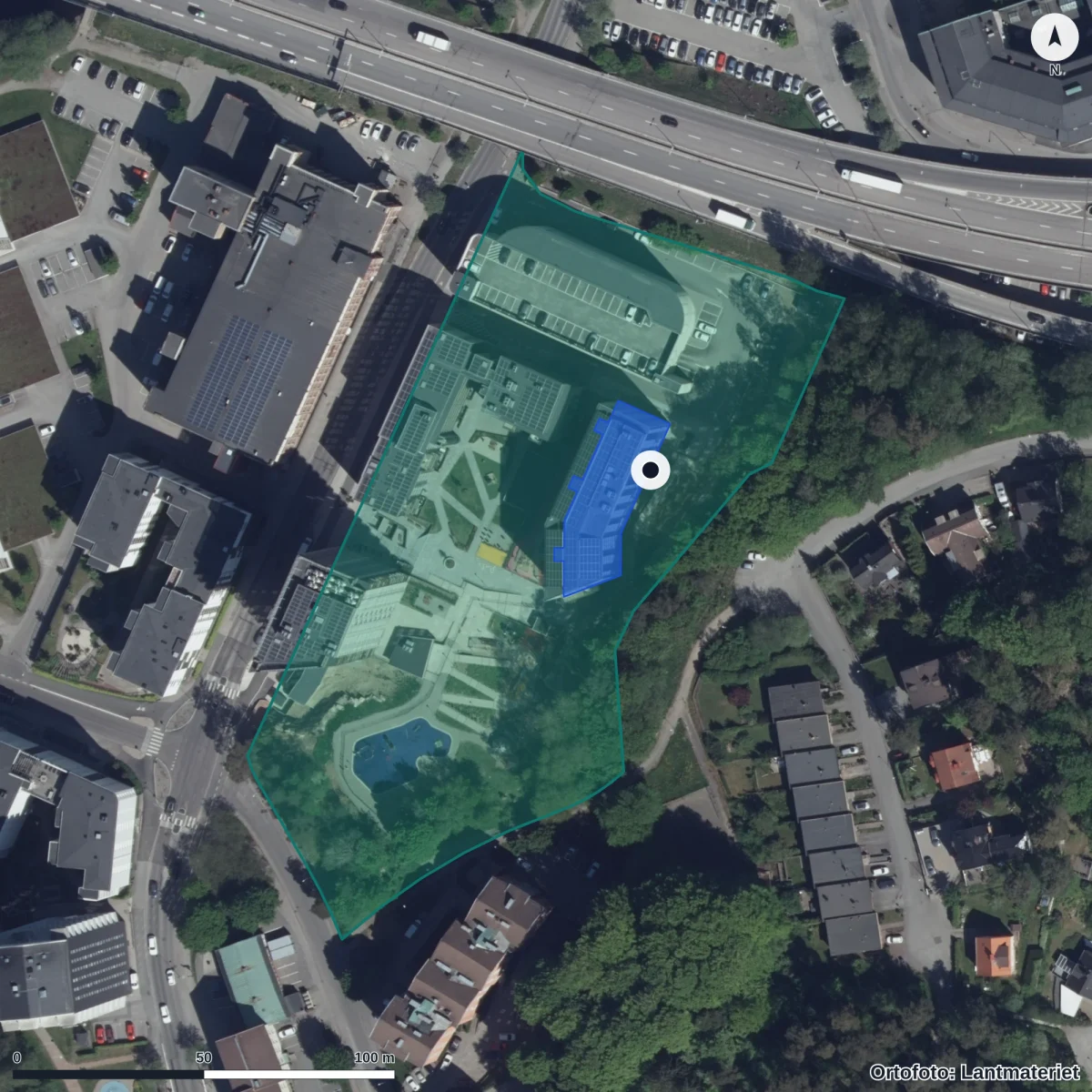 Flygbild över Aplaredsgårdens Förskola, ortofoto från Lantmäteriet