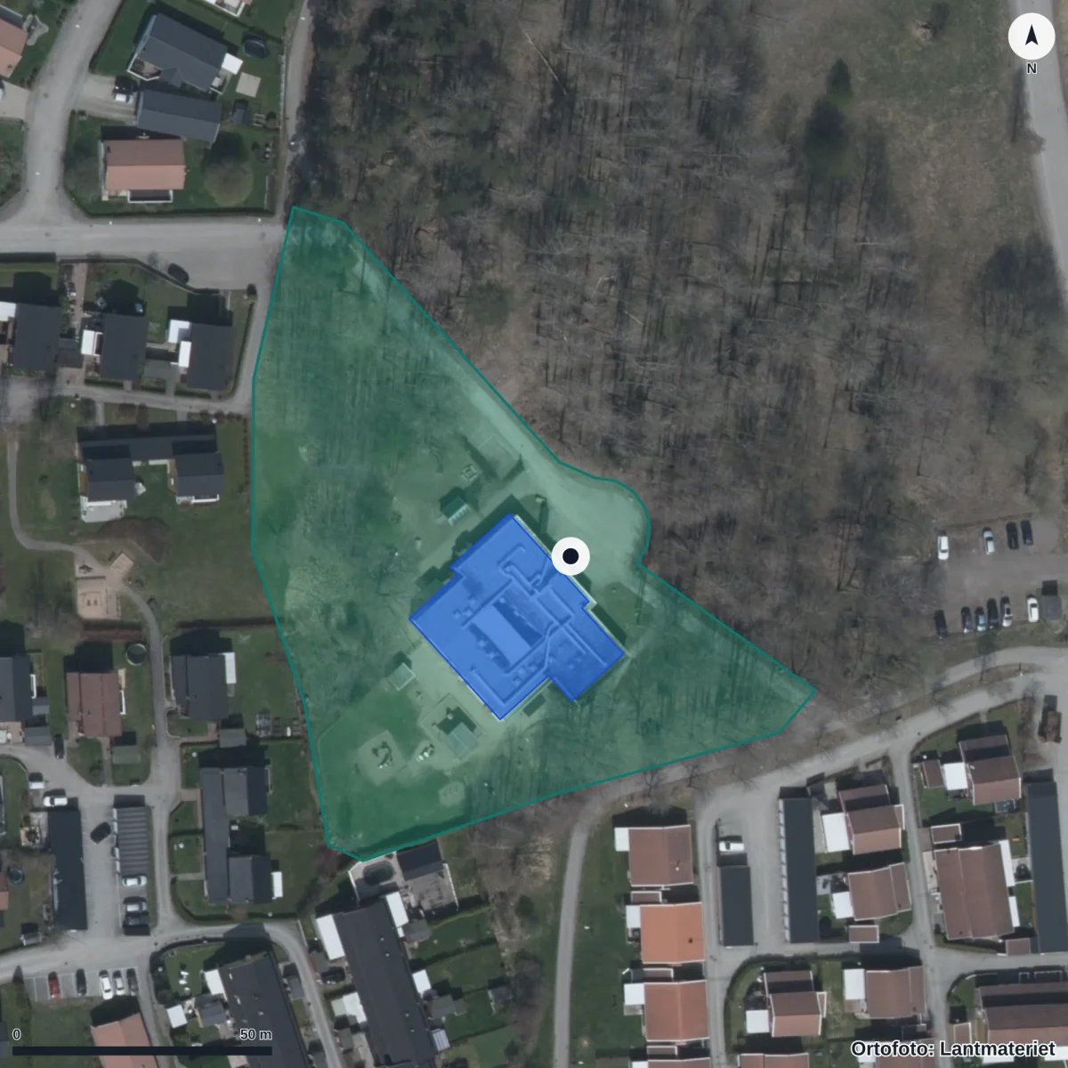 Flygbild över Prästkragens Förskola, ortofoto från Lantmäteriet