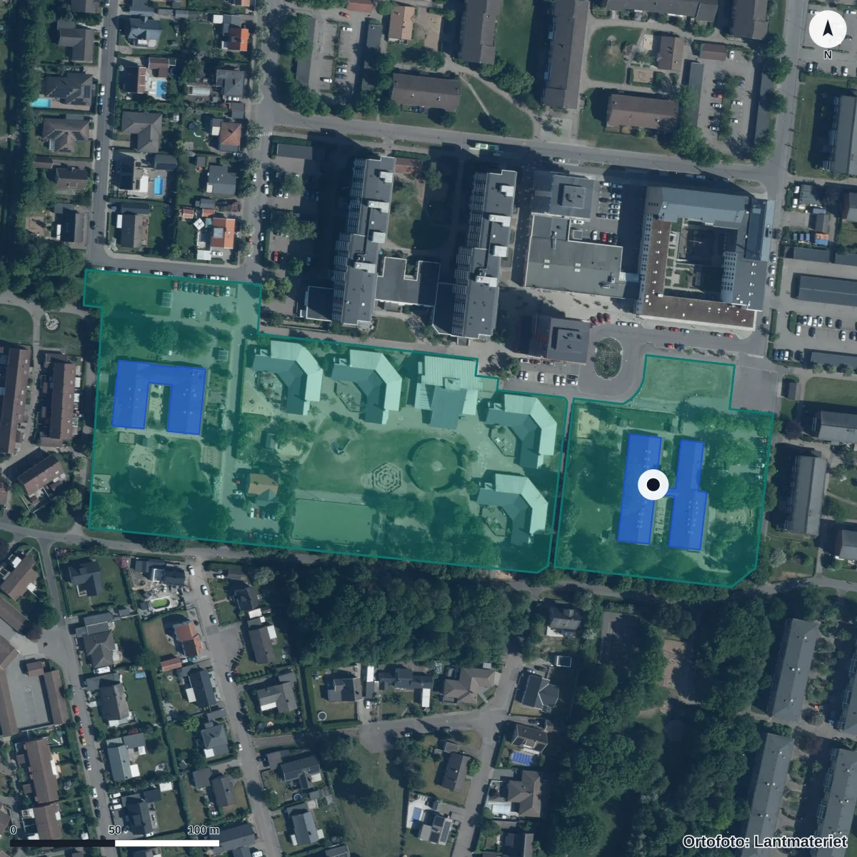 Flygbild över Solrosens Förskola, ortofoto från Lantmäteriet