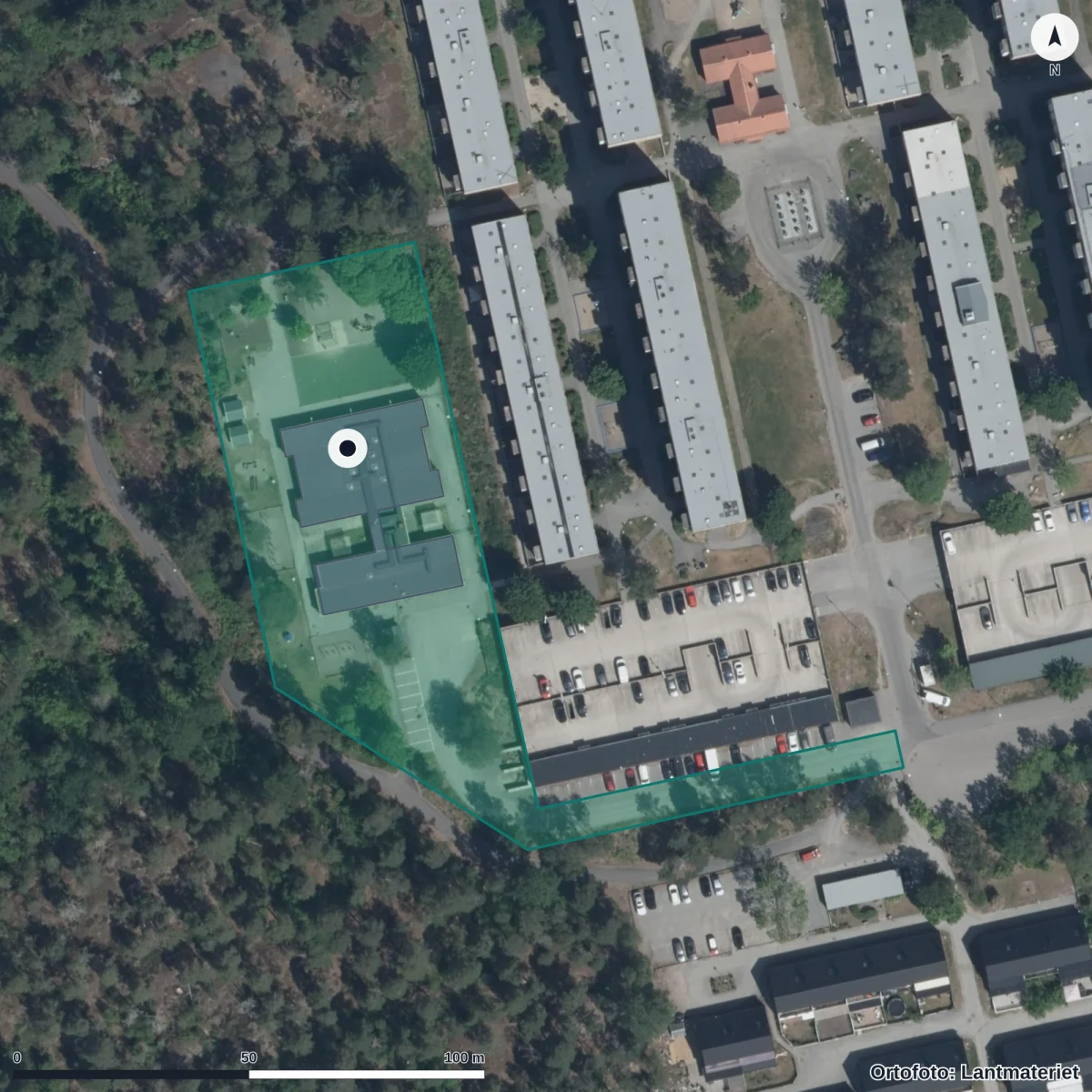 Flygbild över Granö Förskola, ortofoto från Lantmäteriet