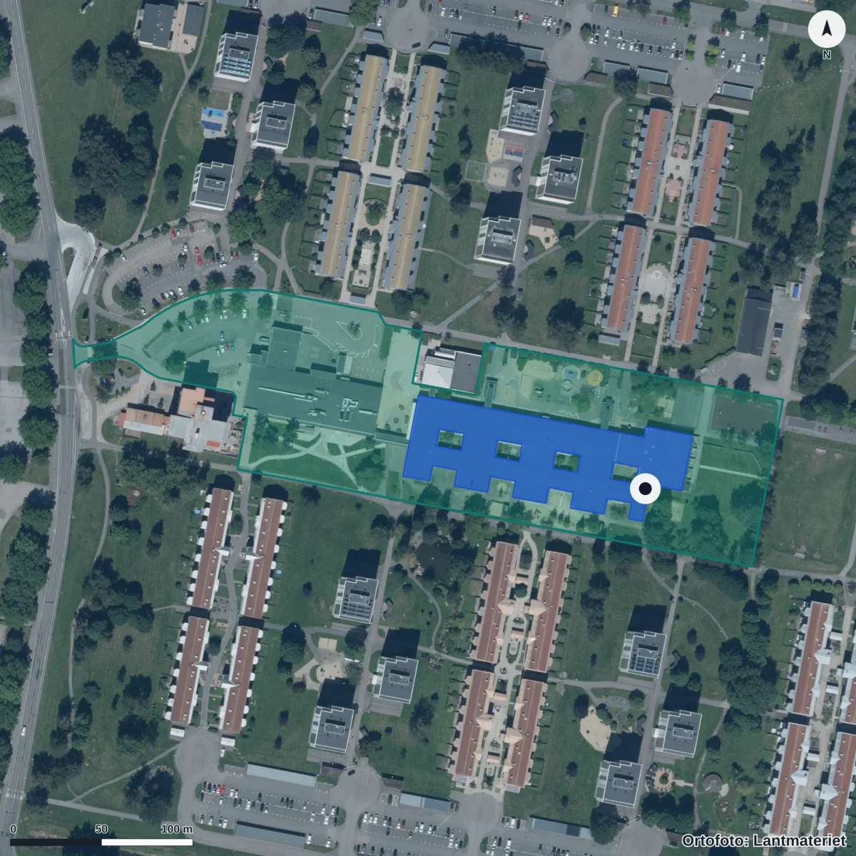 Flygbild över Österängs Förskola, ortofoto från Lantmäteriet