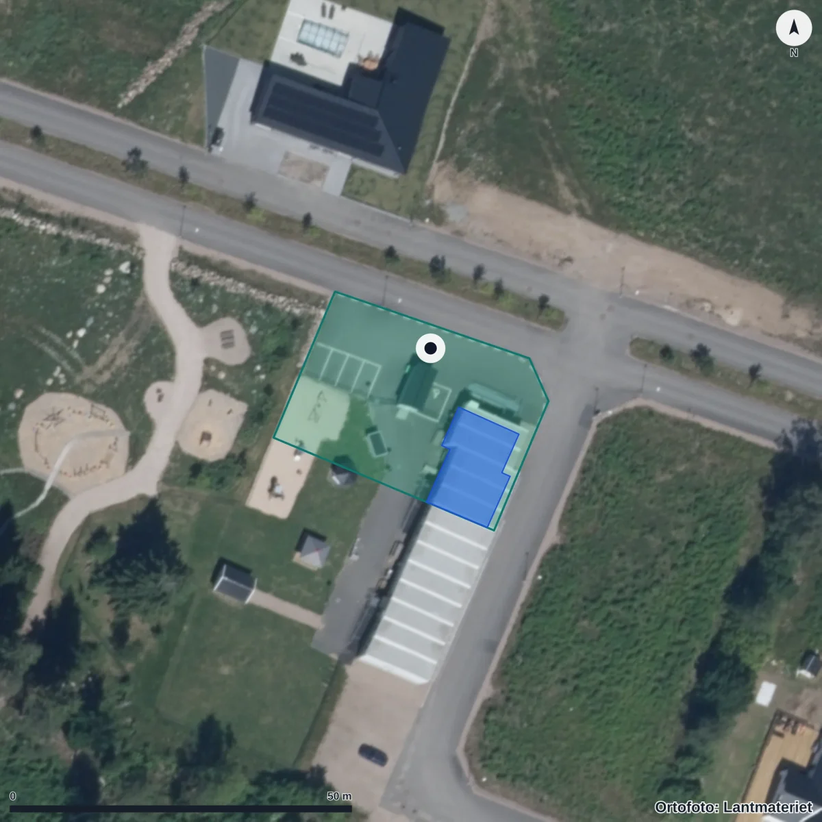 Flygbild över Gläntans Förskola, ortofoto från Lantmäteriet