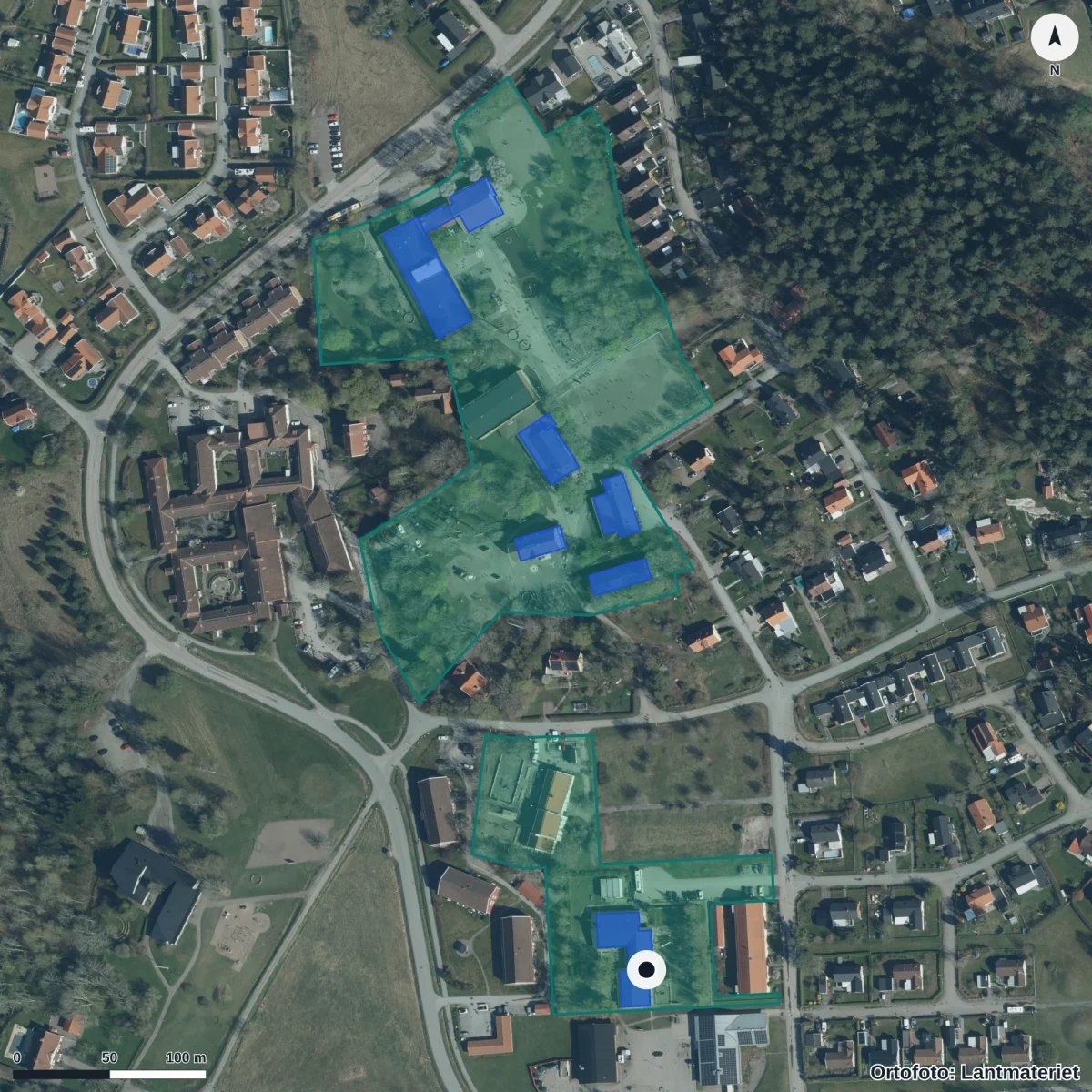 Flygbild över Klockarbols Förskola, ortofoto från Lantmäteriet