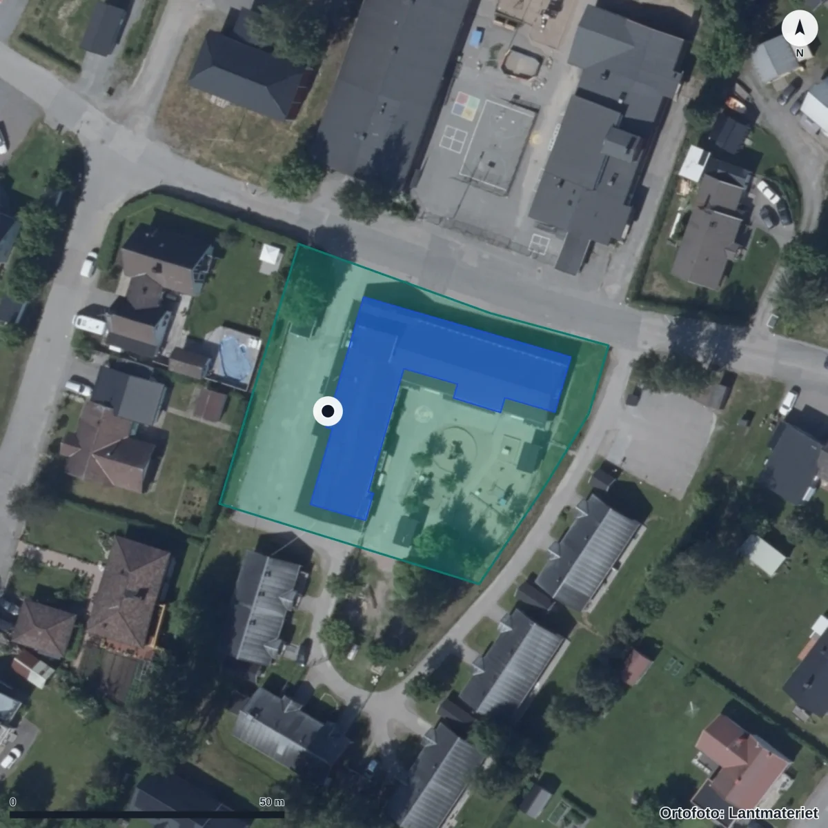 Flygbild över Bensby Förskola, ortofoto från Lantmäteriet