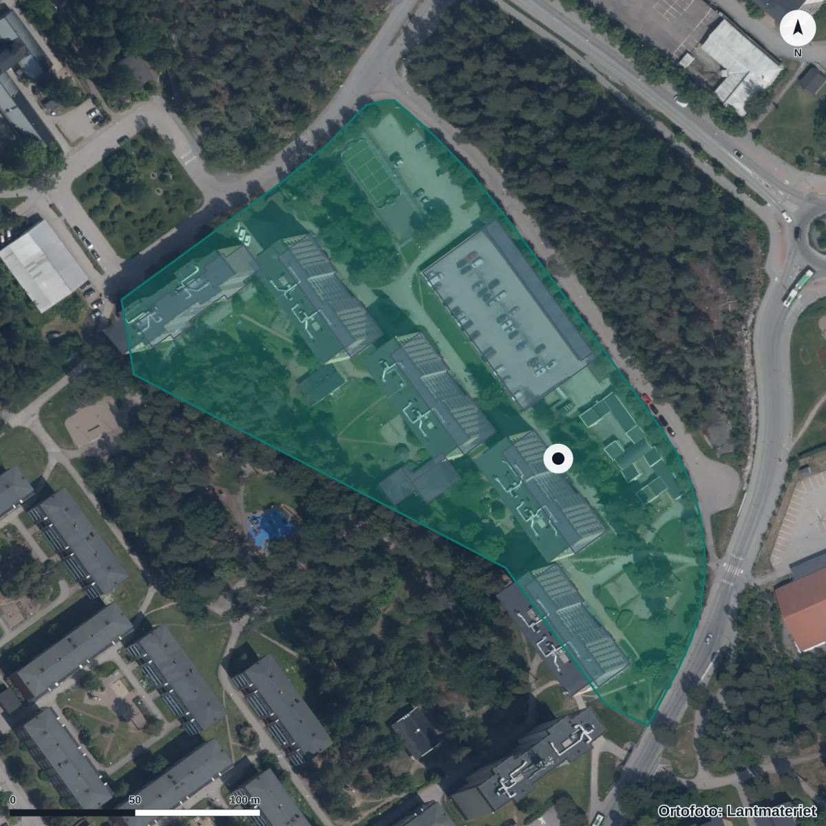 Flygbild över Tellusbarn Tulpanen, ortofoto från Lantmäteriet