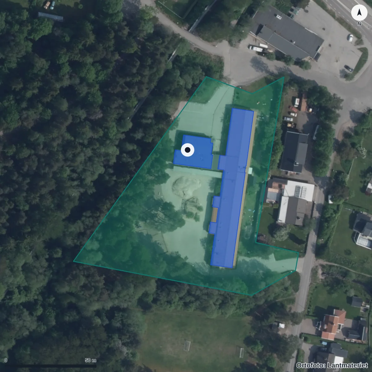 Flygbild över Storhagens Förskola, ortofoto från Lantmäteriet
