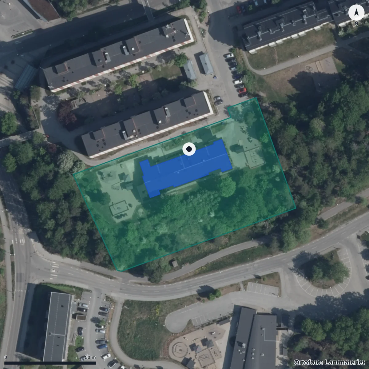 Flygbild över Ladans Förskola, ortofoto från Lantmäteriet