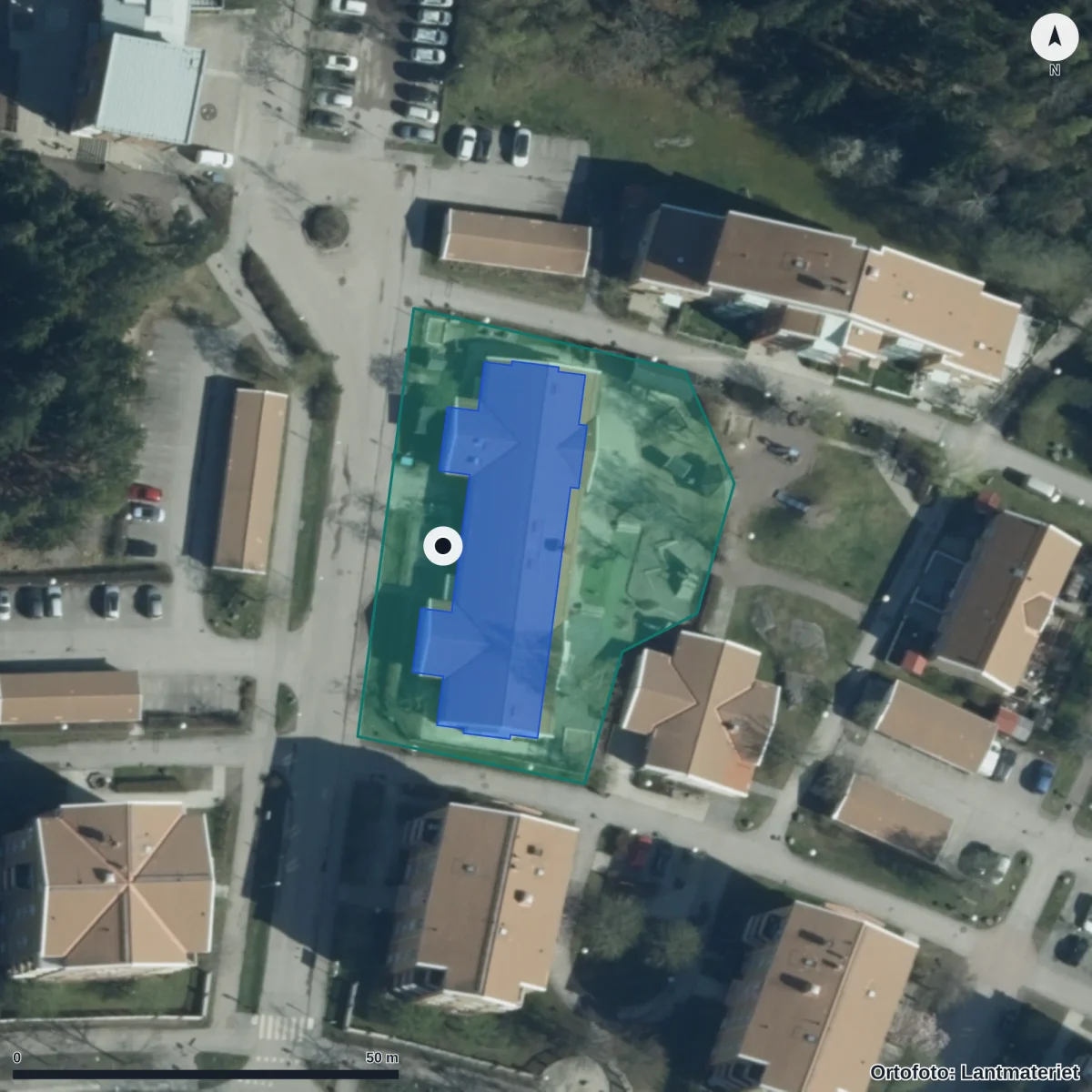 Flygbild över Stenhällens Förskola, ortofoto från Lantmäteriet
