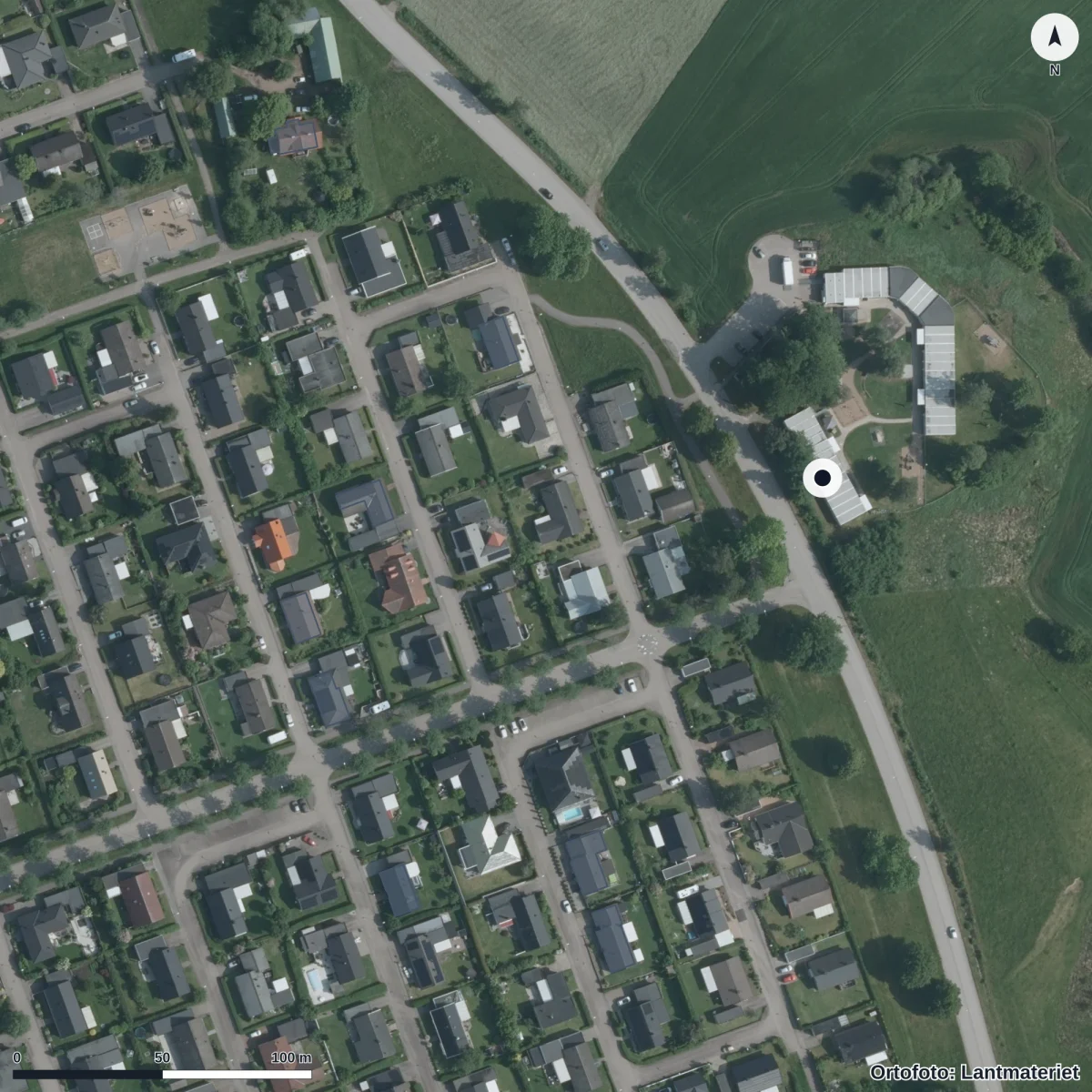Flygbild över Nordala Förskola, ortofoto från Lantmäteriet