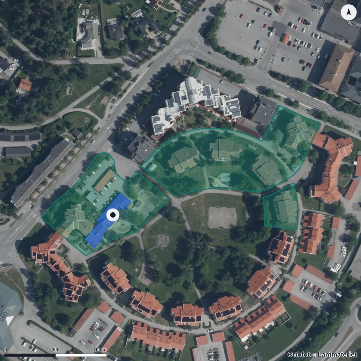 Flygbild över Märstadal Förskola, ortofoto från Lantmäteriet