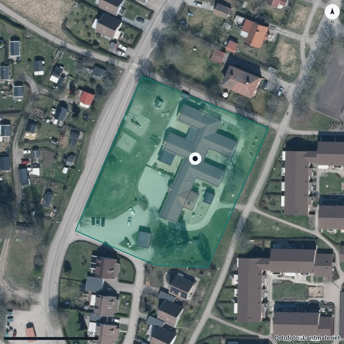 Flygbild över Turbo Förskola, ortofoto från Lantmäteriet