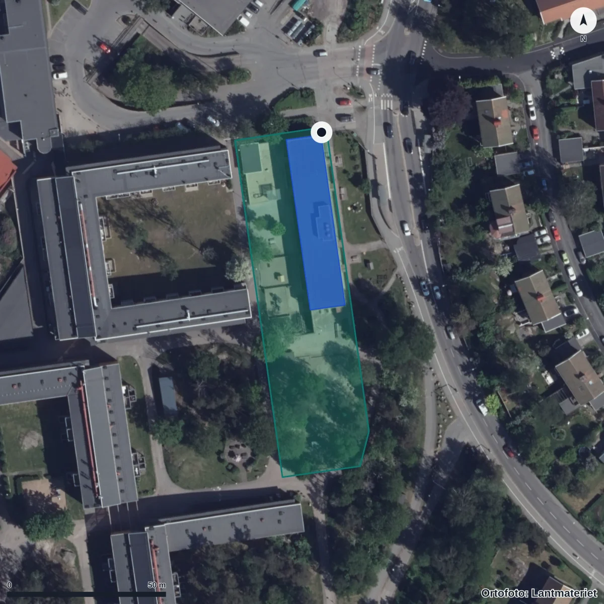 Flygbild över Studiegången 1 Förskola, ortofoto från Lantmäteriet