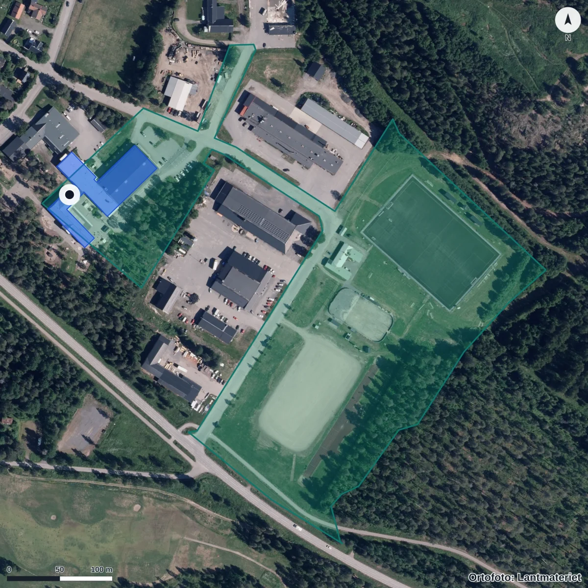 Flygbild över Lillskogens Förskola, ortofoto från Lantmäteriet