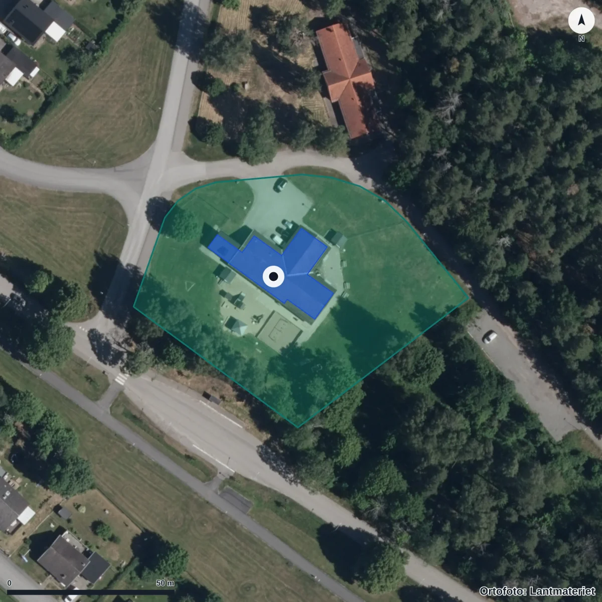 Flygbild över Nygårds Förskola, ortofoto från Lantmäteriet