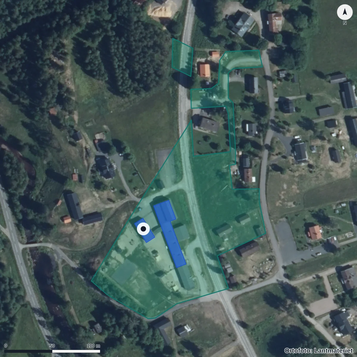 Flygbild över Förskolan Sörgården, ortofoto från Lantmäteriet