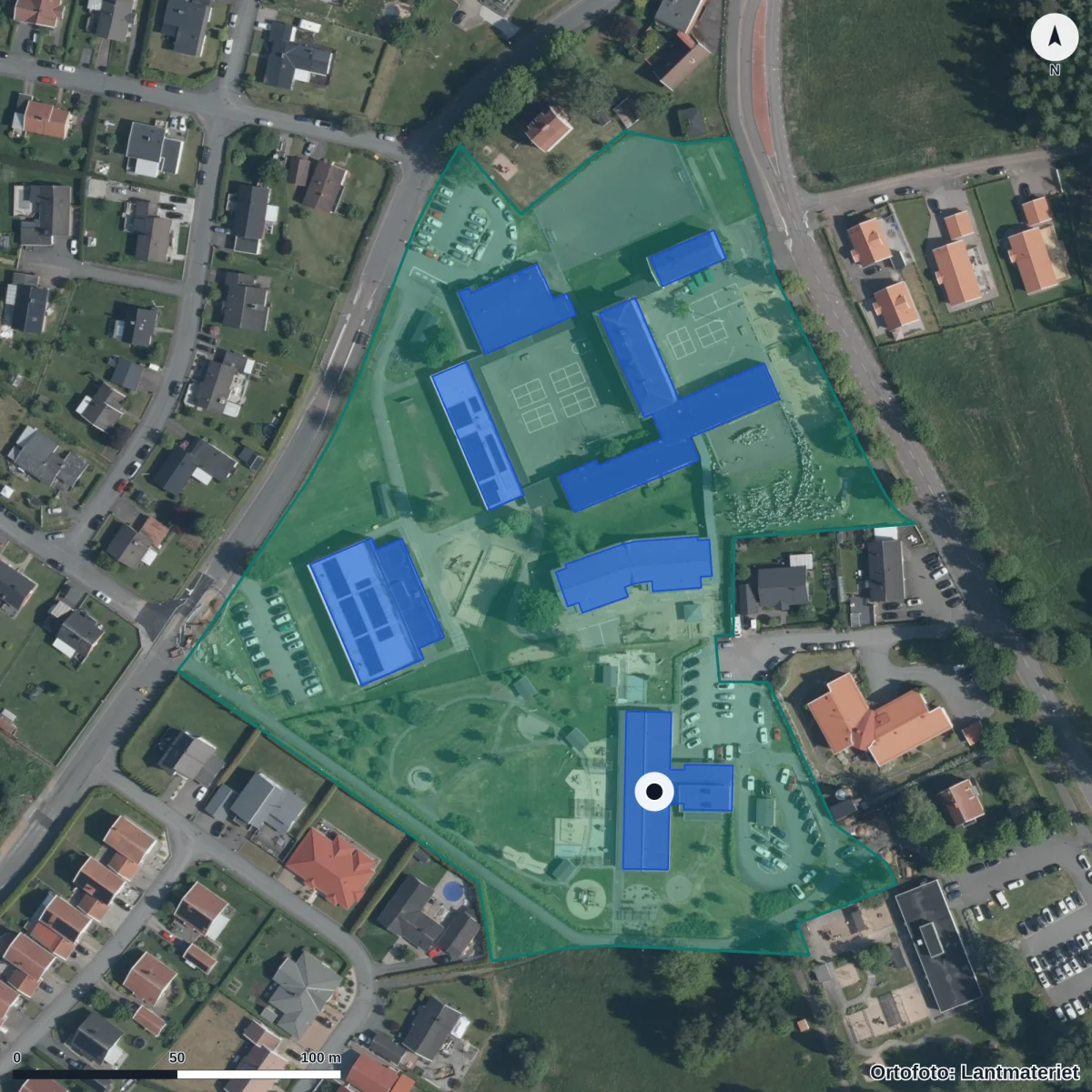 Flygbild över Barnarps Förskola, ortofoto från Lantmäteriet