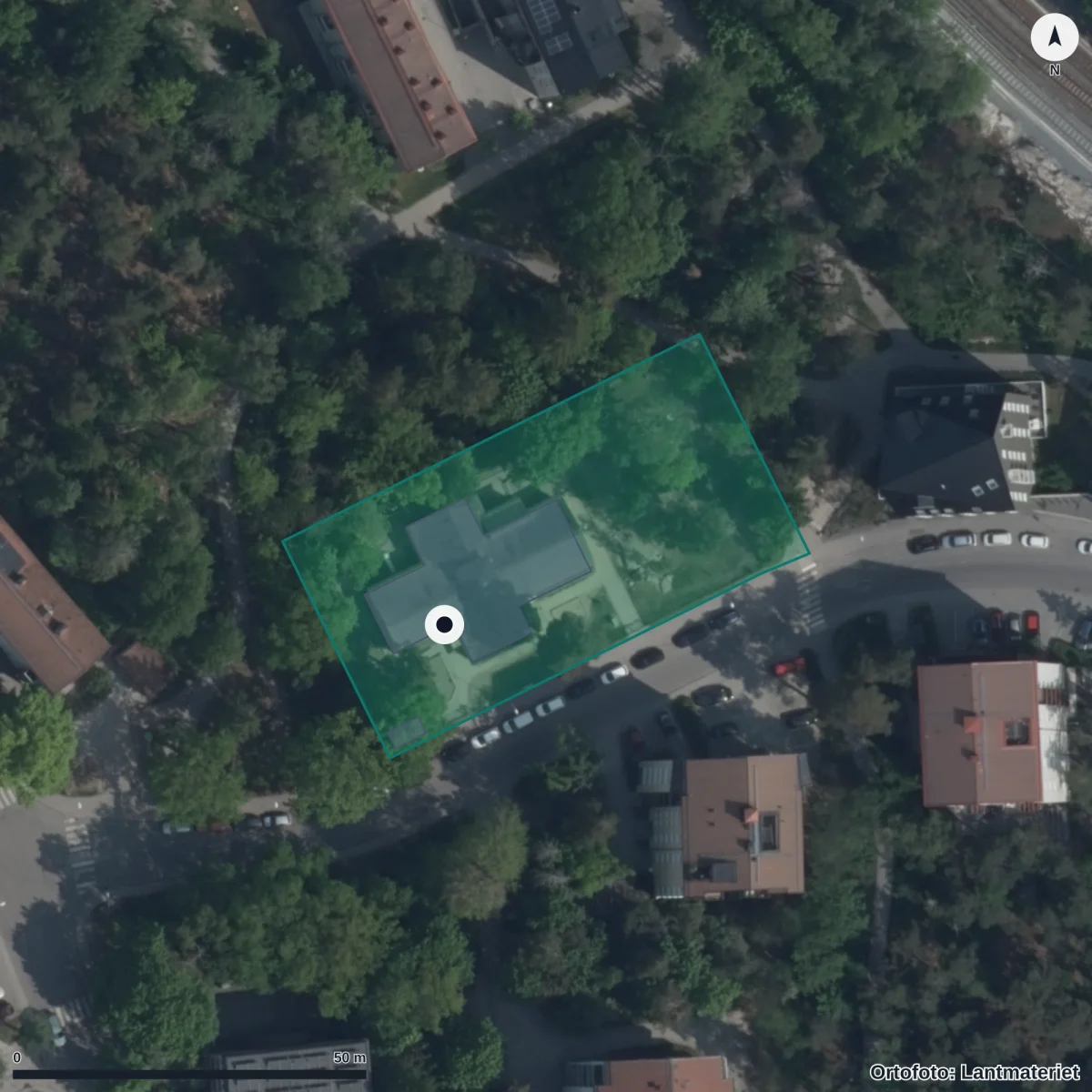 Flygbild över Förskolan Sagobacken, ortofoto från Lantmäteriet