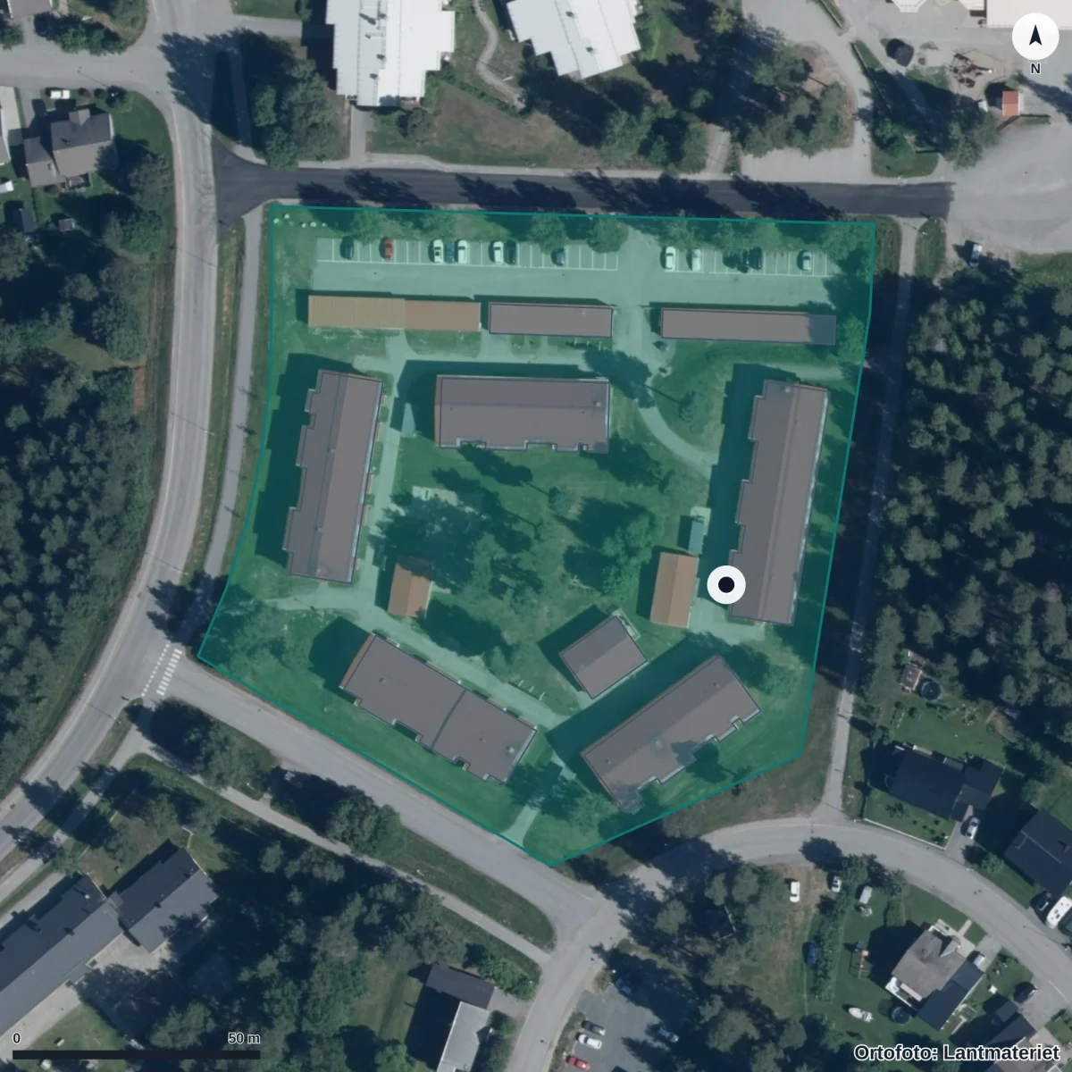 Flygbild över Norrängs Förskola, ortofoto från Lantmäteriet