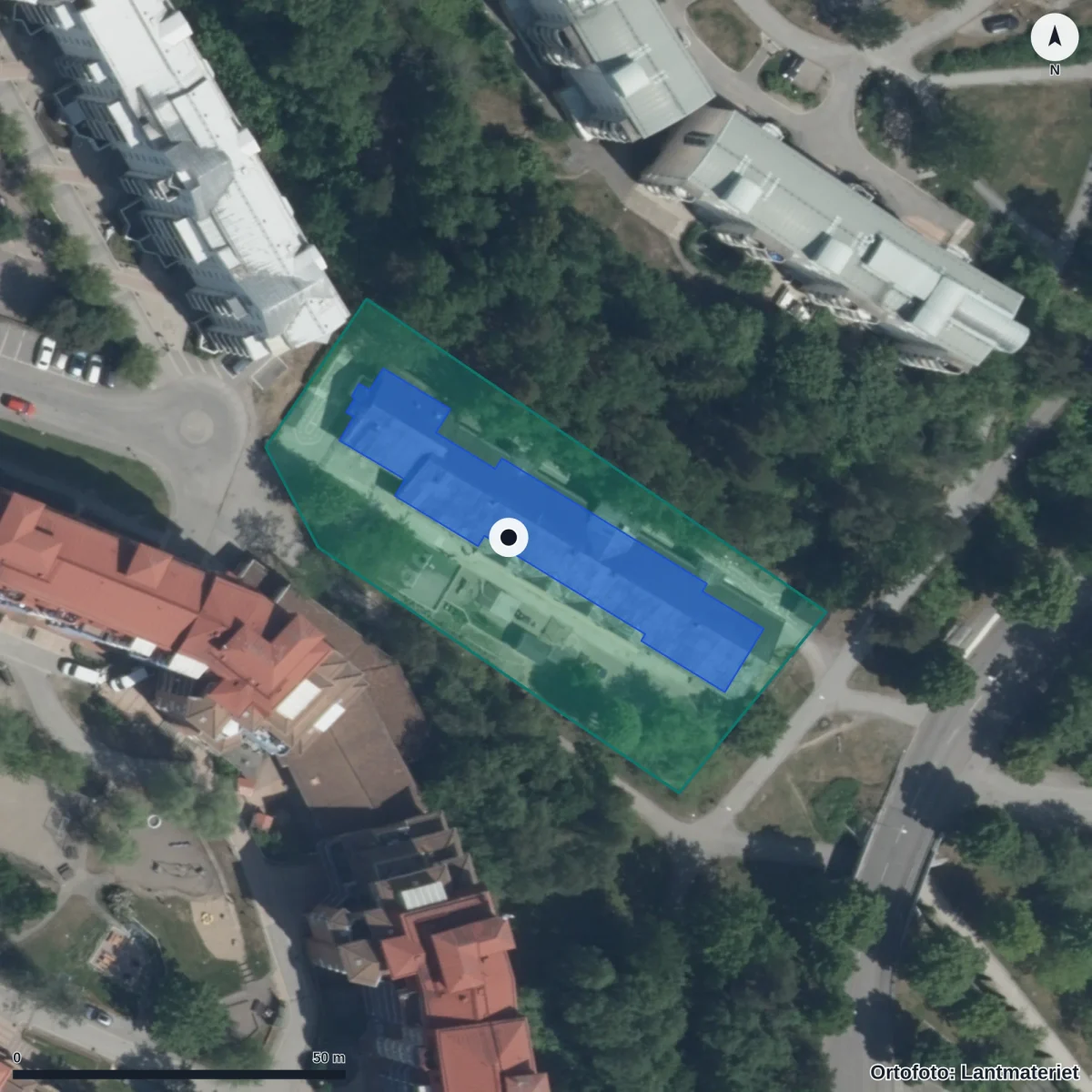 Flygbild över Takets Förskola, ortofoto från Lantmäteriet