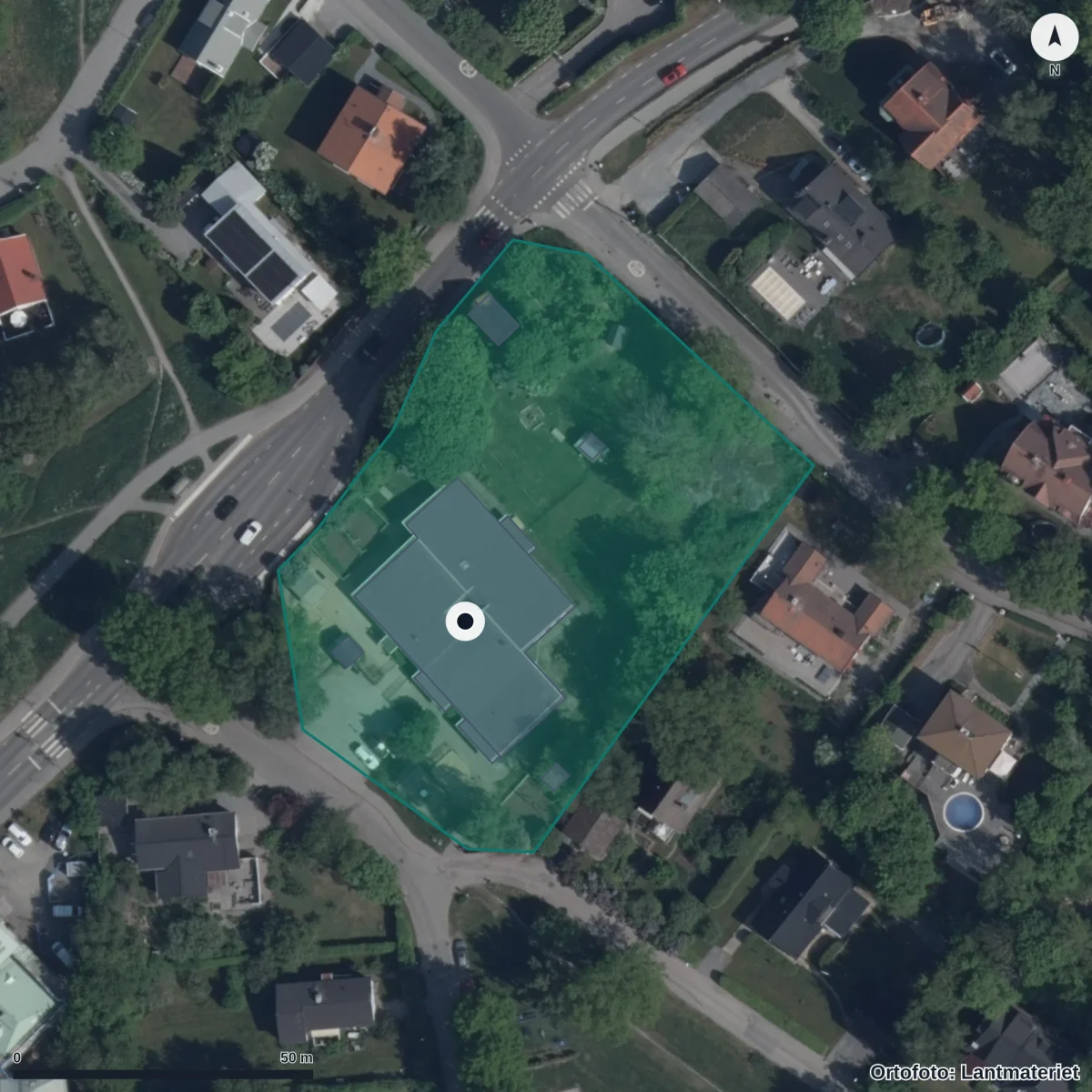 Flygbild över Gränsgärdets Förskola, ortofoto från Lantmäteriet