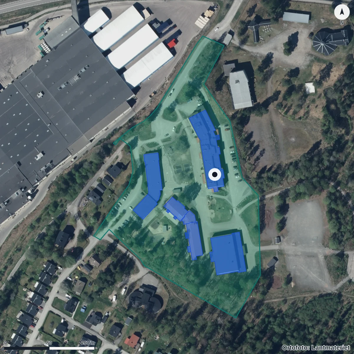 Flygbild över Förskolan Lilla Park, ortofoto från Lantmäteriet
