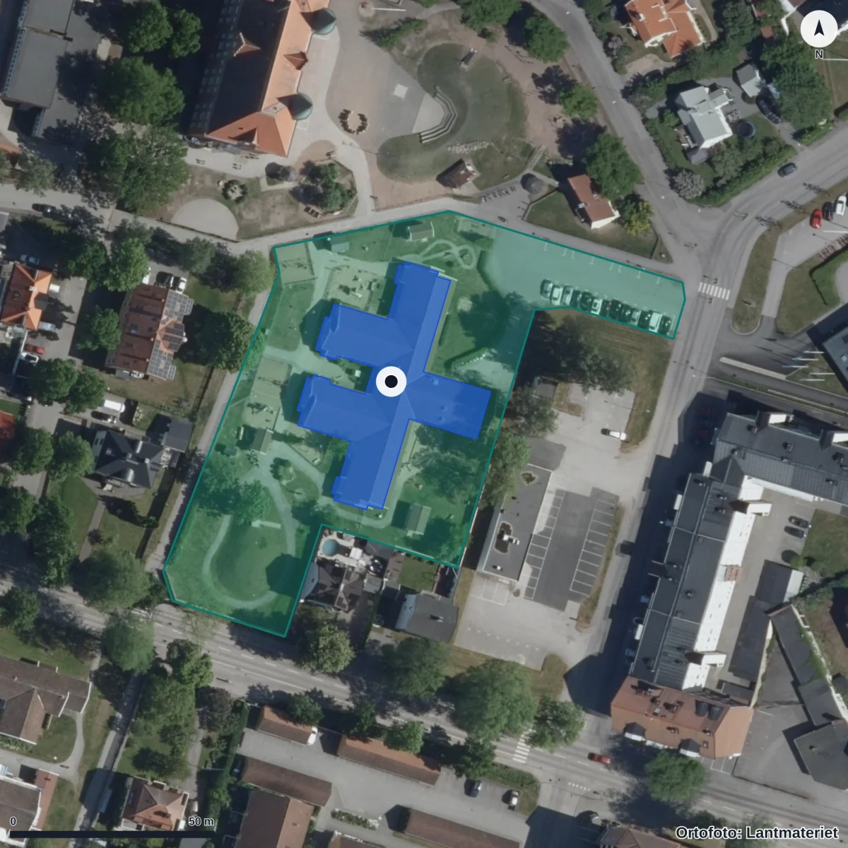 Flygbild över Förskolan Resedan, ortofoto från Lantmäteriet