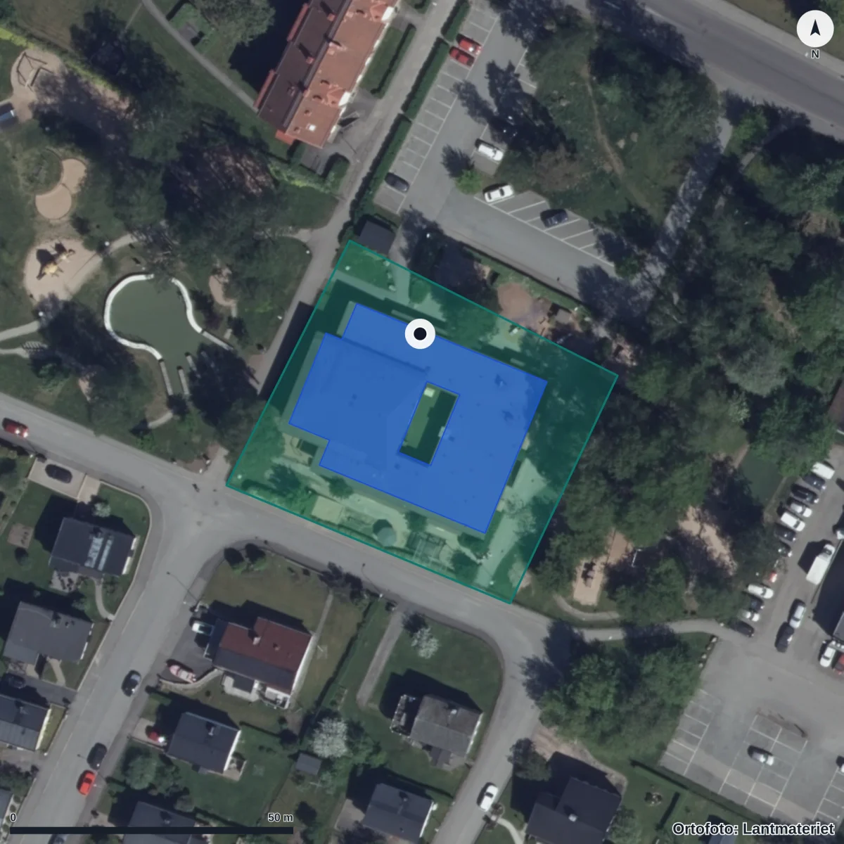 Flygbild över Skattkistans Förskola, ortofoto från Lantmäteriet
