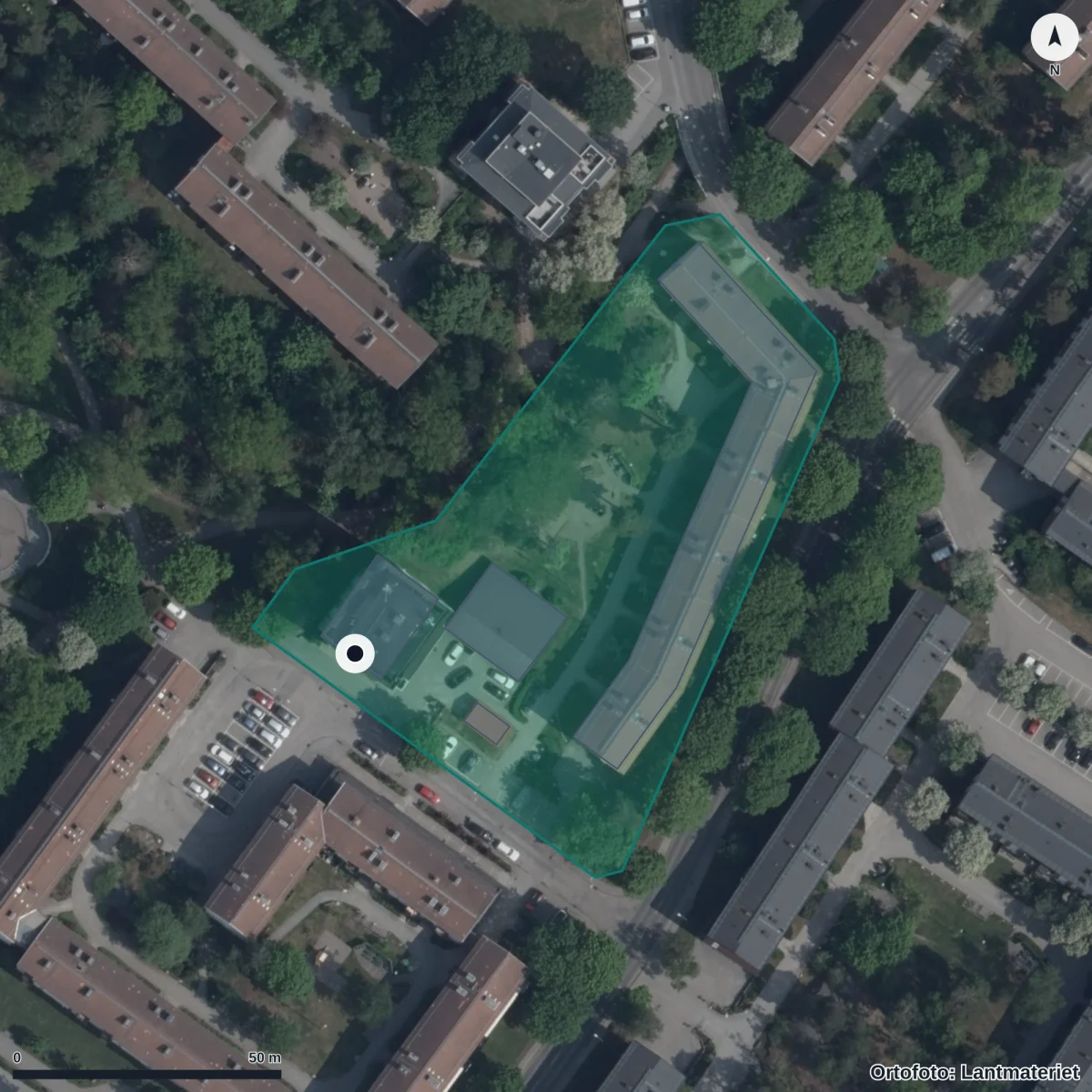 Flygbild över Förskolan Sagogården, ortofoto från Lantmäteriet