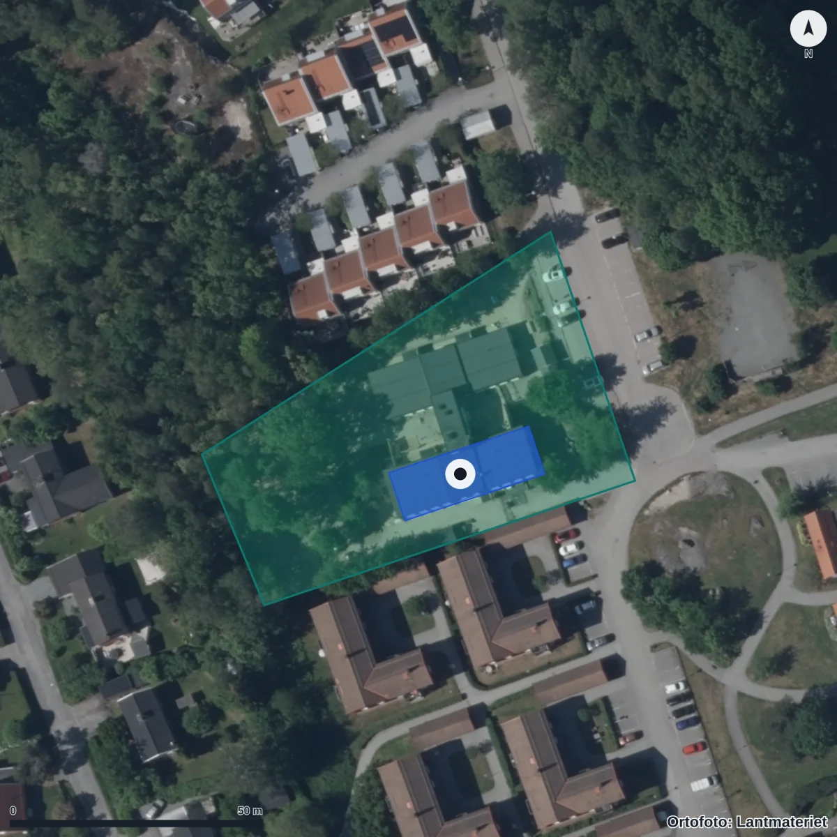 Flygbild över Smedby Förskola, ortofoto från Lantmäteriet