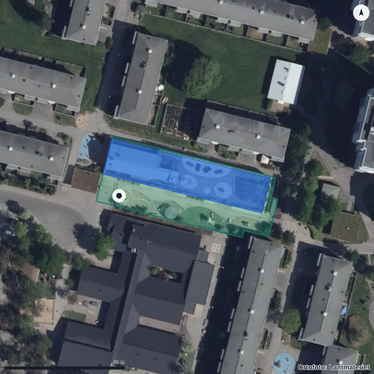 Flygbild över Körvelgatan 2 Förskola, ortofoto från Lantmäteriet