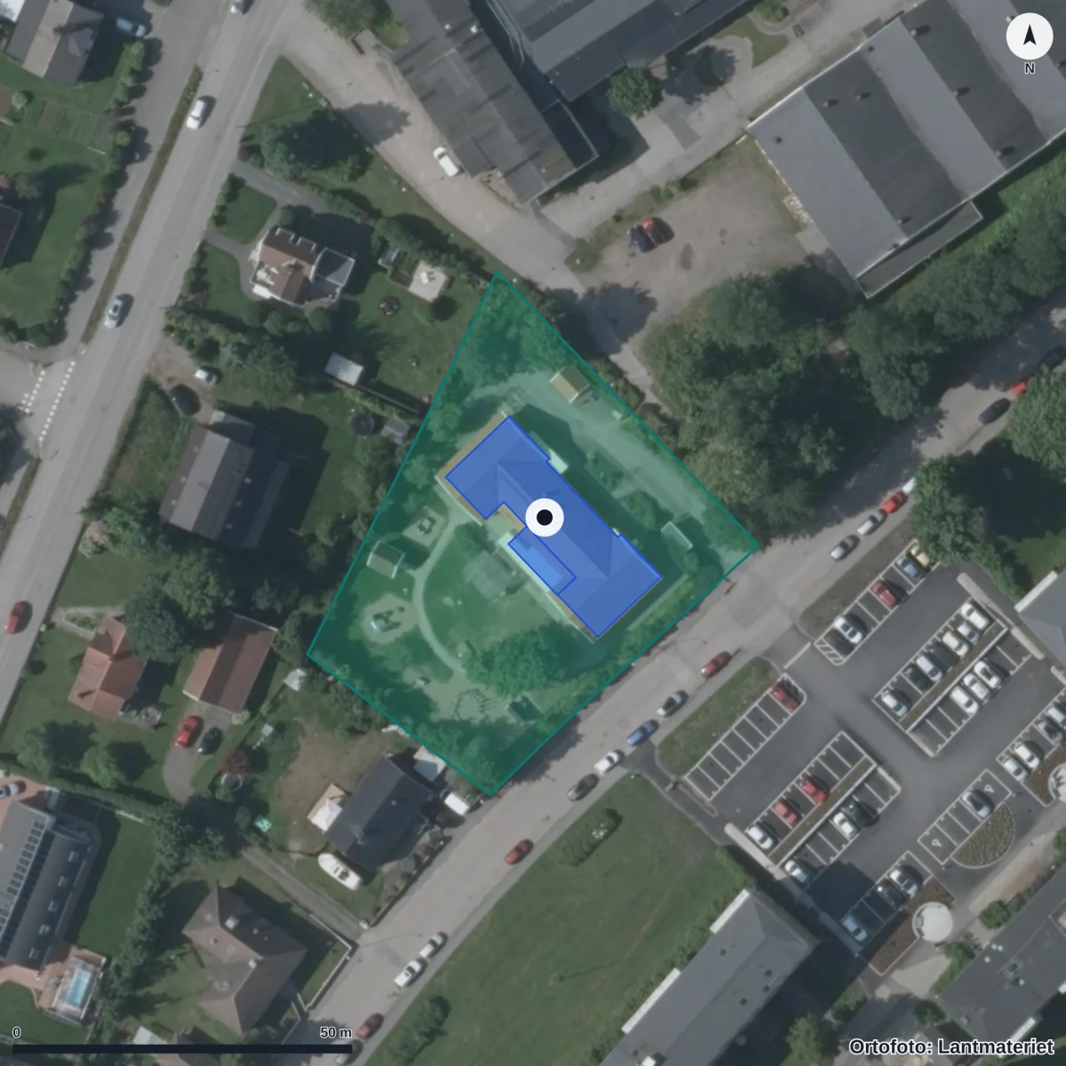 Flygbild över Östra Gärdets Förskola, ortofoto från Lantmäteriet