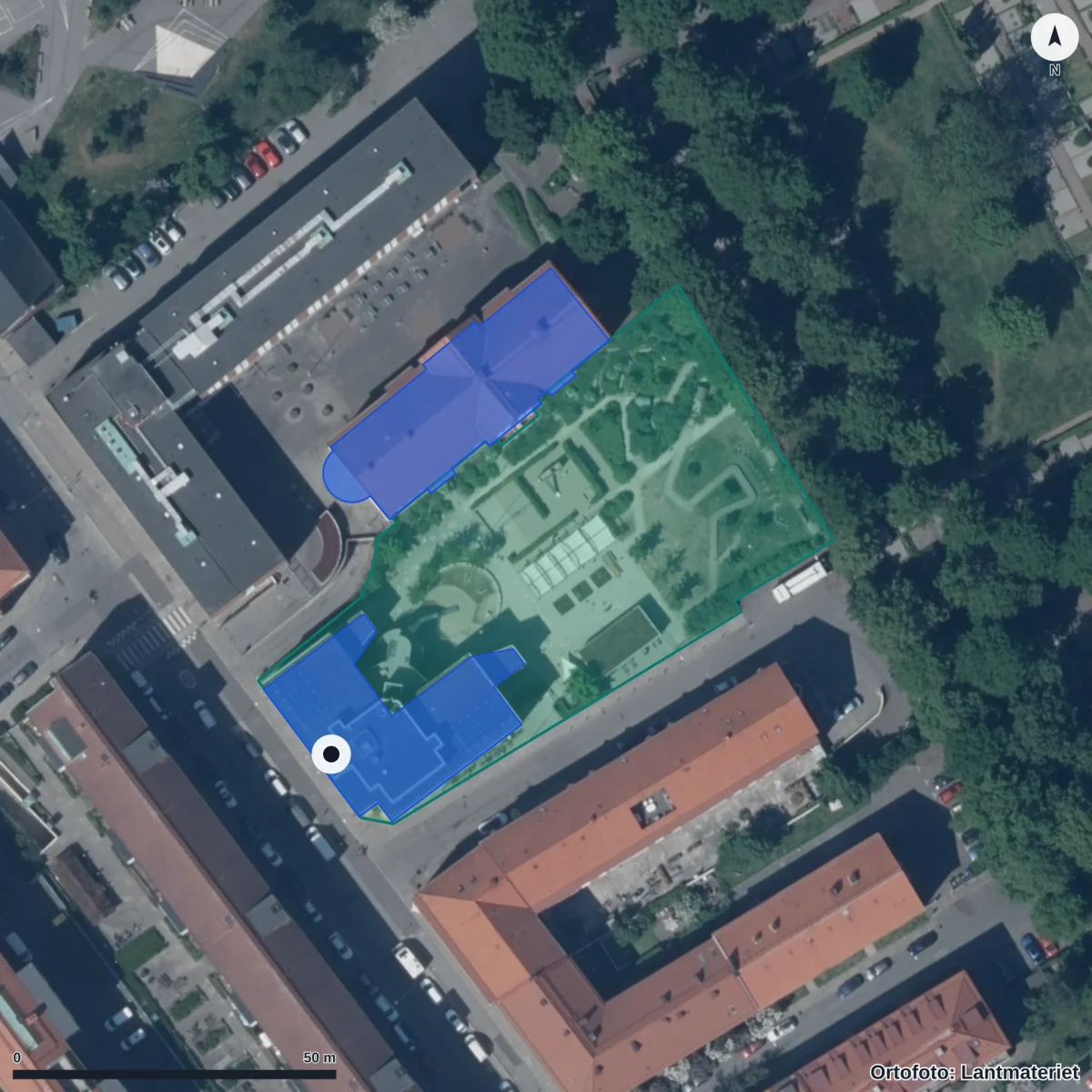 Flygbild över Björkhagens Förskola, ortofoto från Lantmäteriet