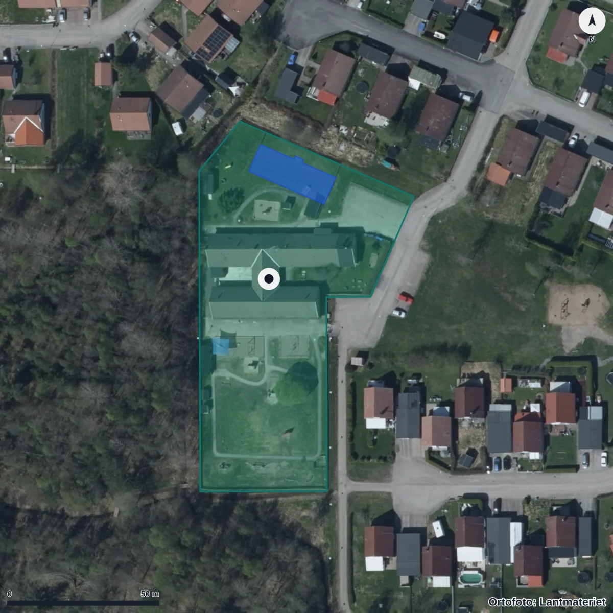 Flygbild över Förskolan Mossen, ortofoto från Lantmäteriet