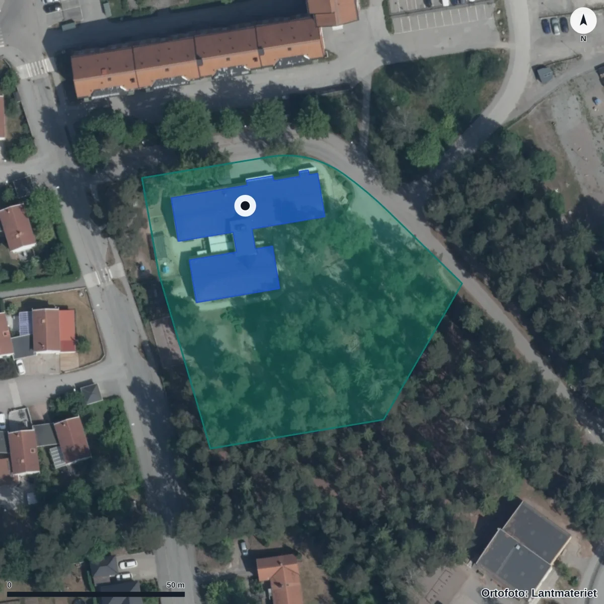 Flygbild över Växthusets Förskola, ortofoto från Lantmäteriet