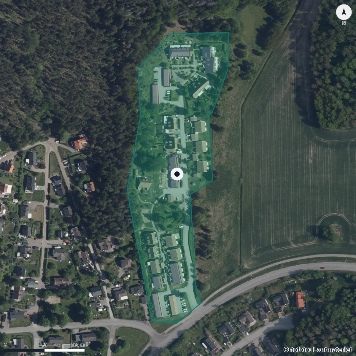 Flygbild över Strandsborgs Förskola, ortofoto från Lantmäteriet