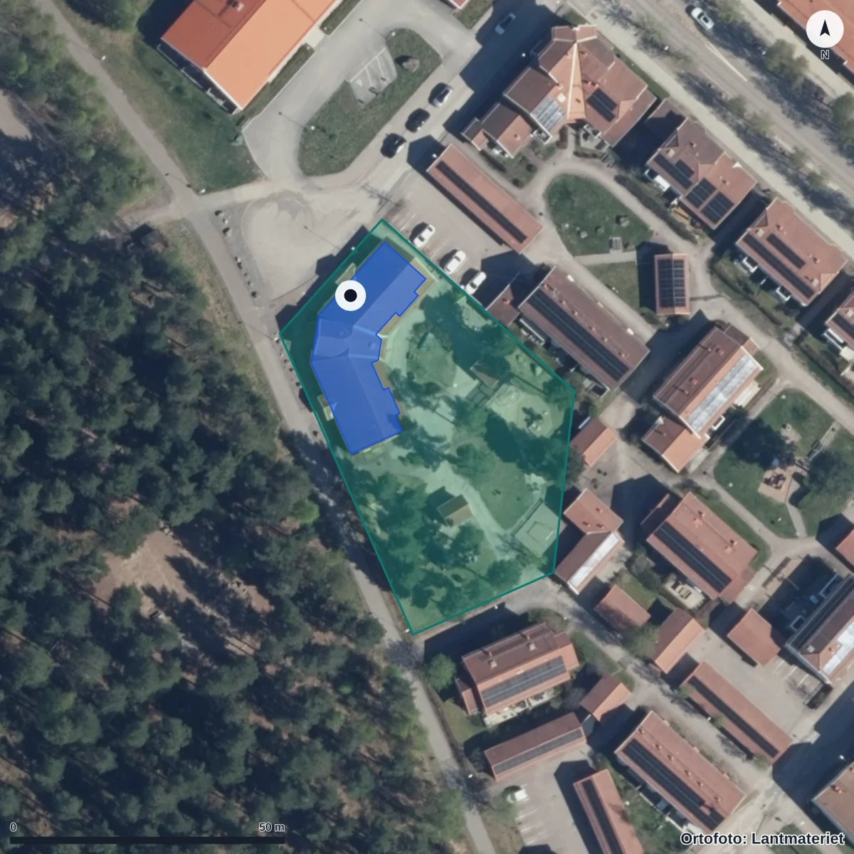 Flygbild över Förskolan Zinkstigen, ortofoto från Lantmäteriet