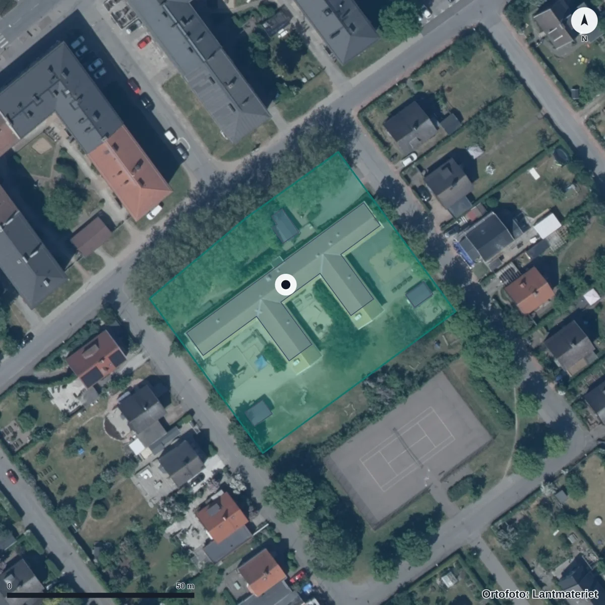 Flygbild över Rostorps Förskola, ortofoto från Lantmäteriet
