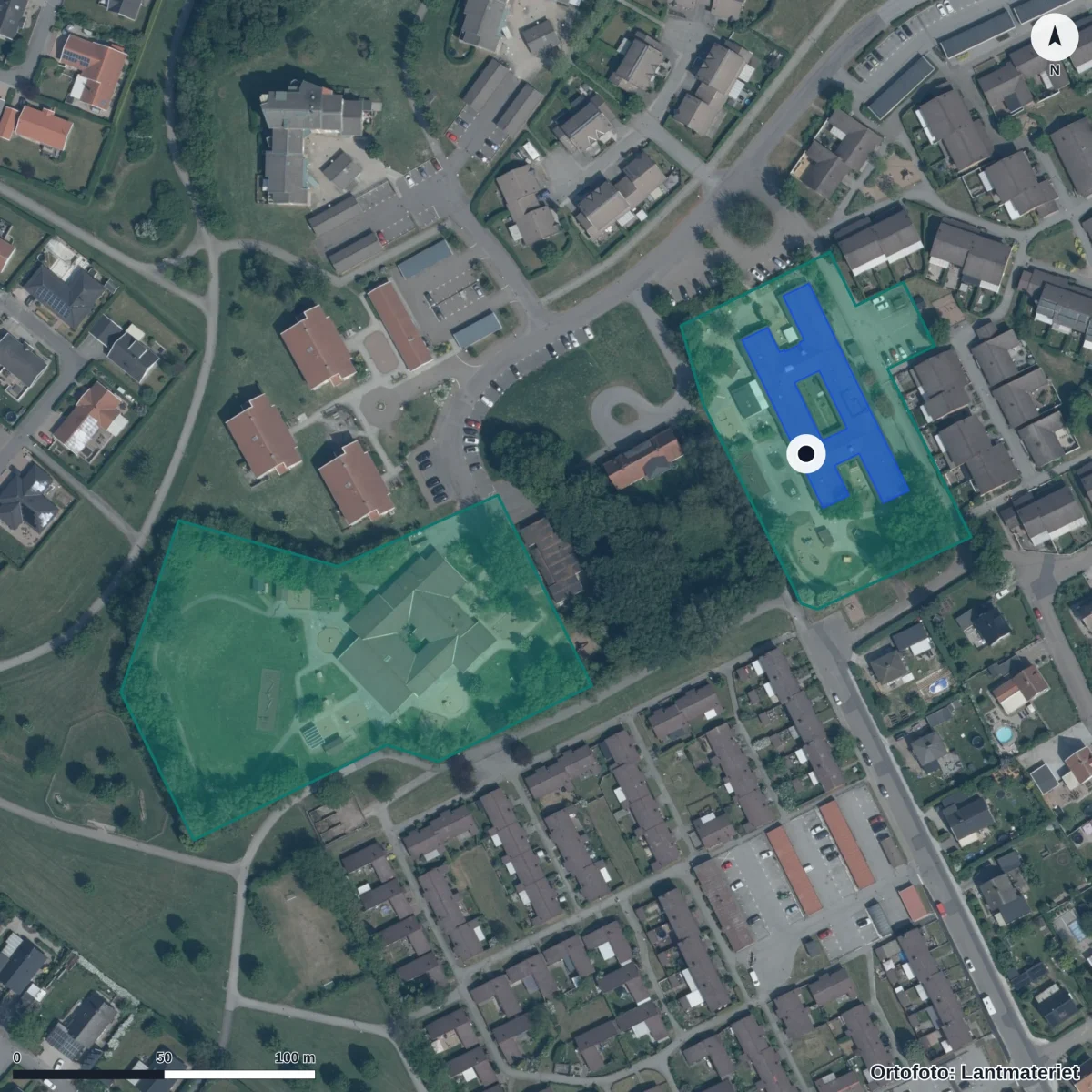 Flygbild över Arvidsborgs Förskola, ortofoto från Lantmäteriet