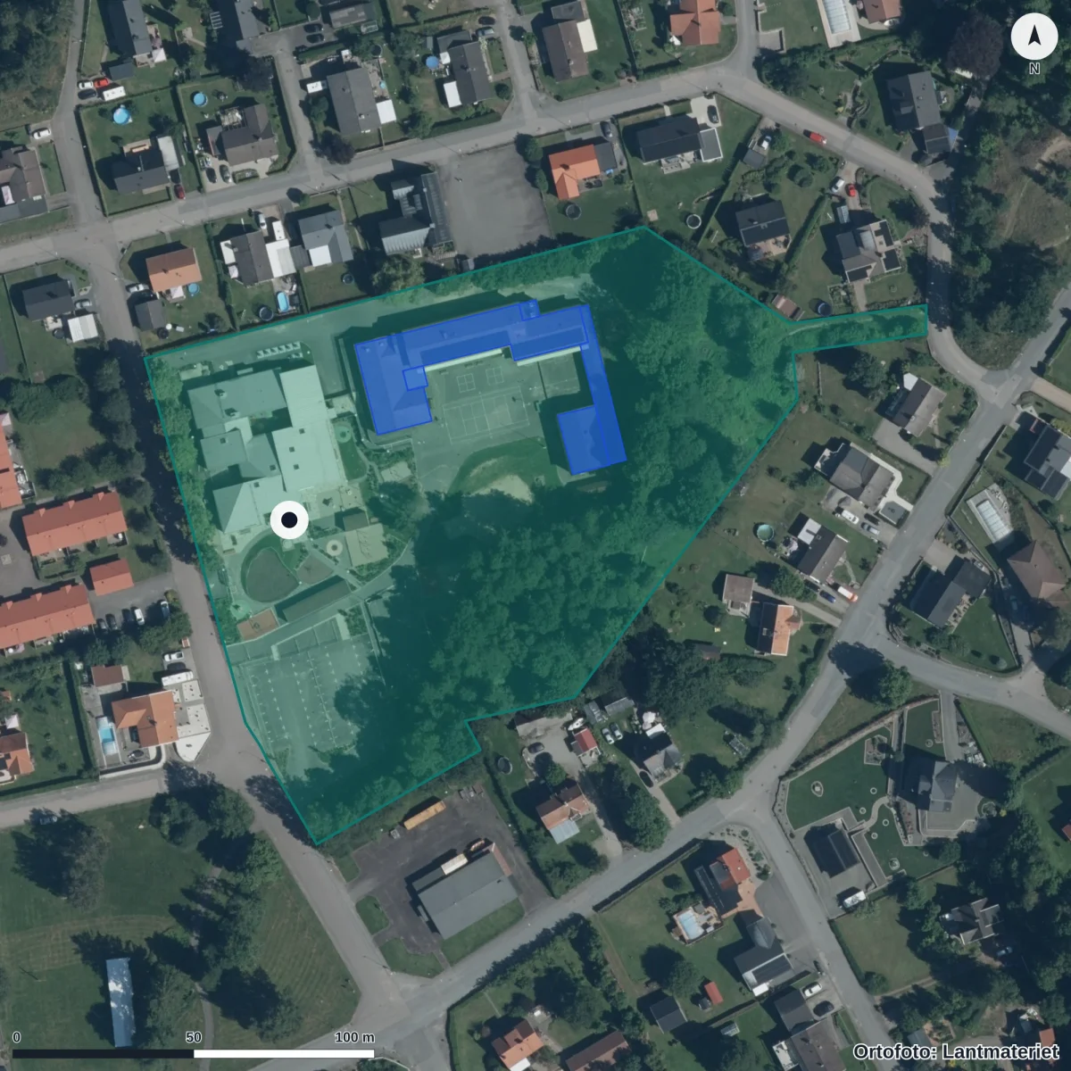 Flygbild över Tormestorps Förskola, ortofoto från Lantmäteriet