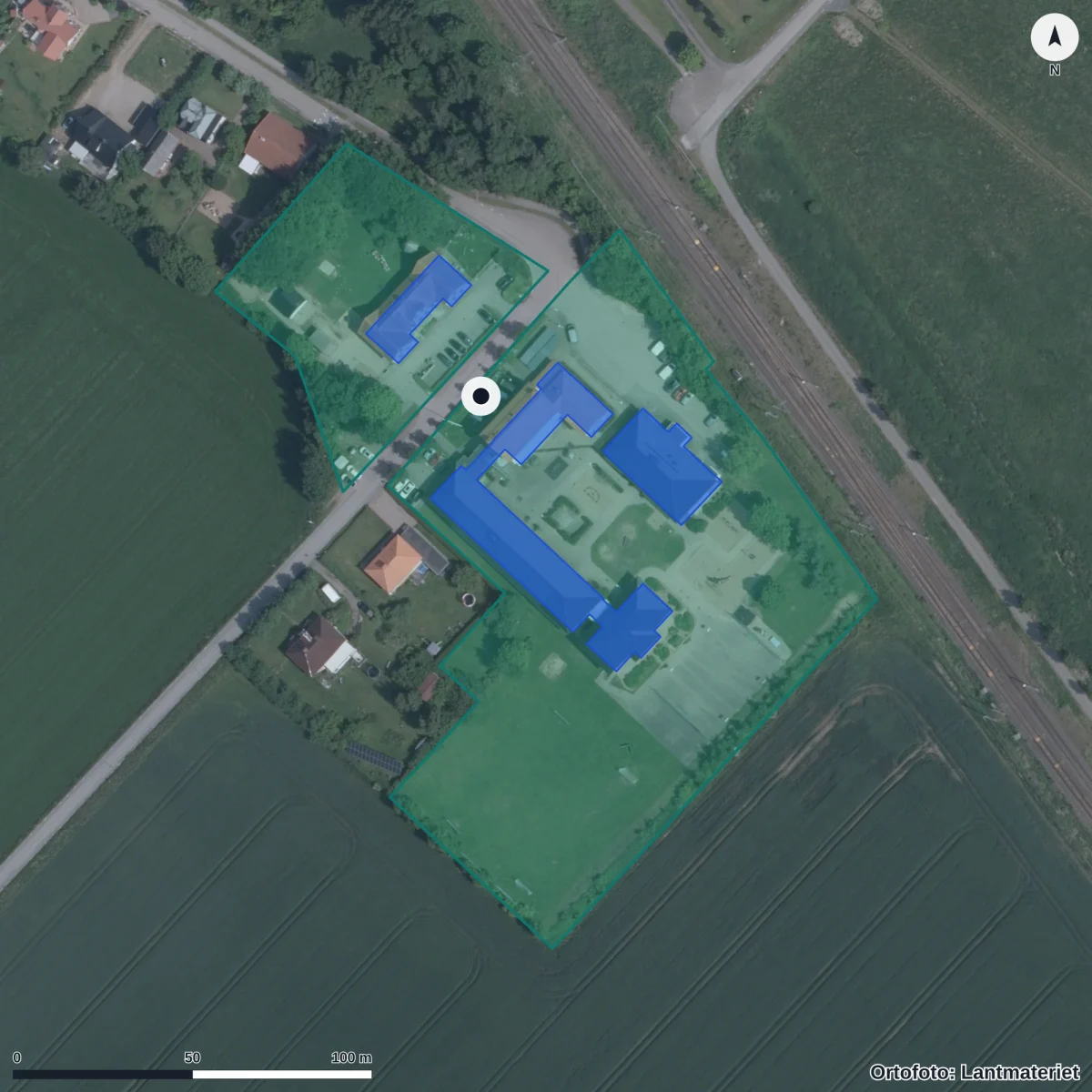 Flygbild över Eldsberga Förskola, ortofoto från Lantmäteriet