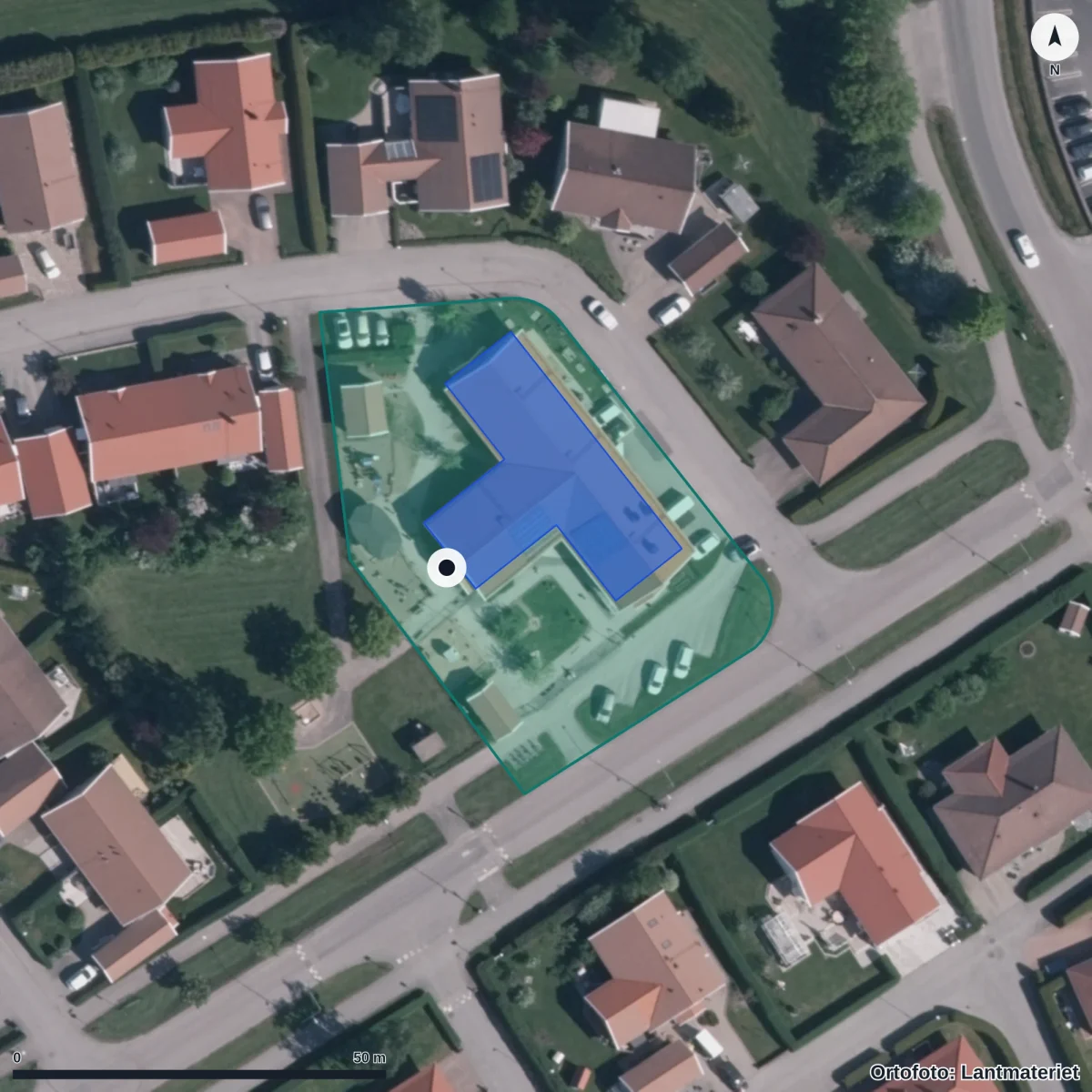 Flygbild över Silverbyns Förskola, ortofoto från Lantmäteriet