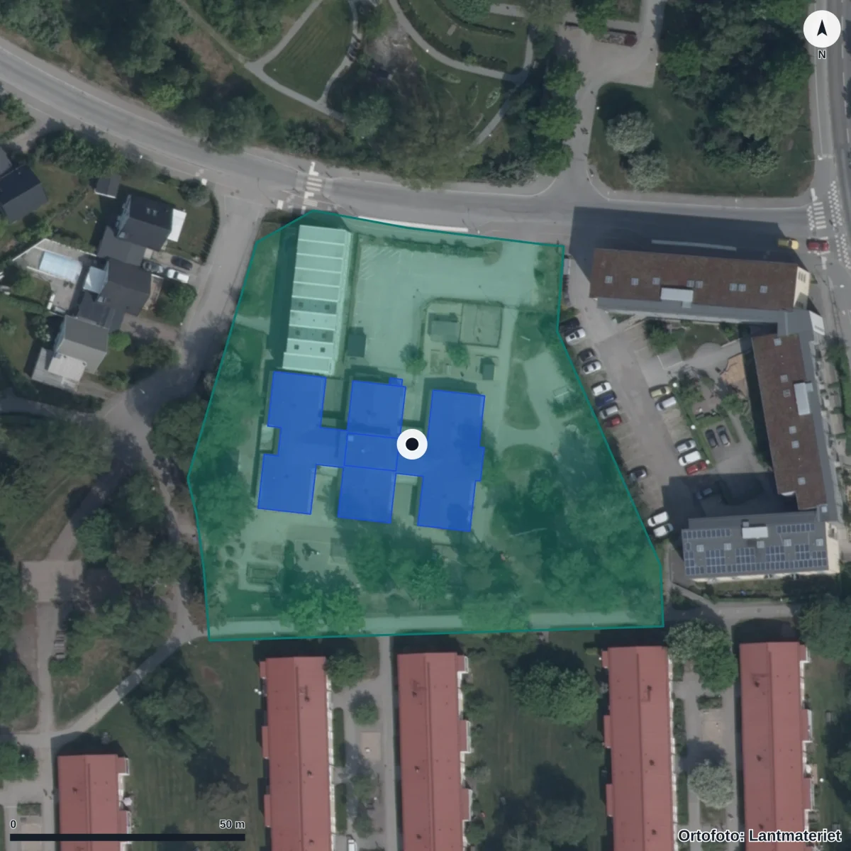 Flygbild över Speldosan Förskola, ortofoto från Lantmäteriet