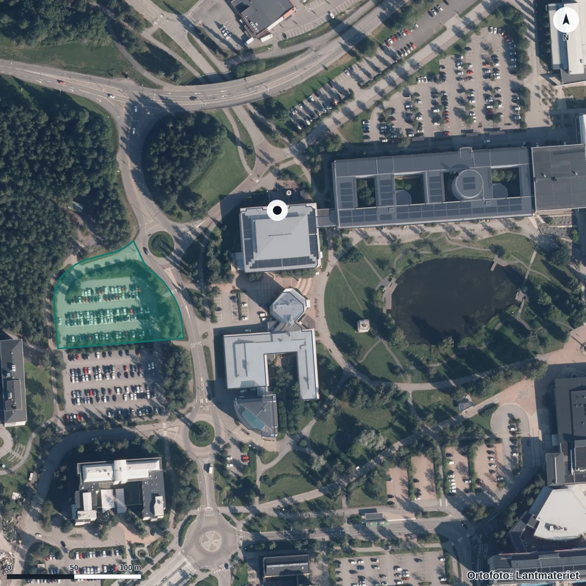 Flygbild över Förskolan Växthuset, ortofoto från Lantmäteriet
