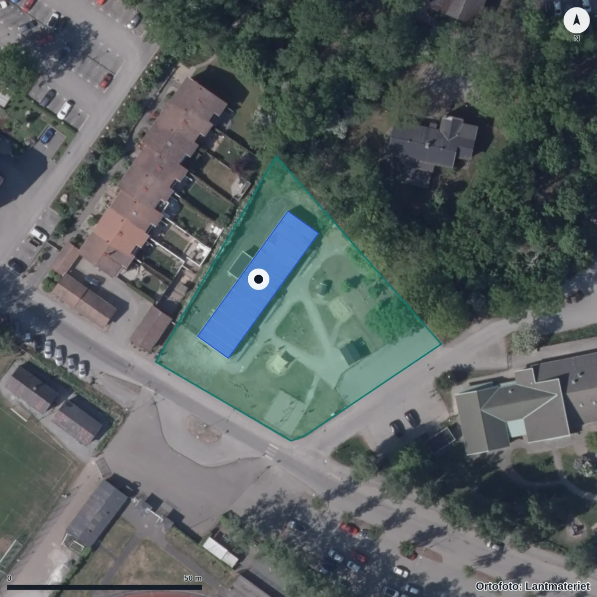 Flygbild över Gullbergslyckans Förskola, ortofoto från Lantmäteriet