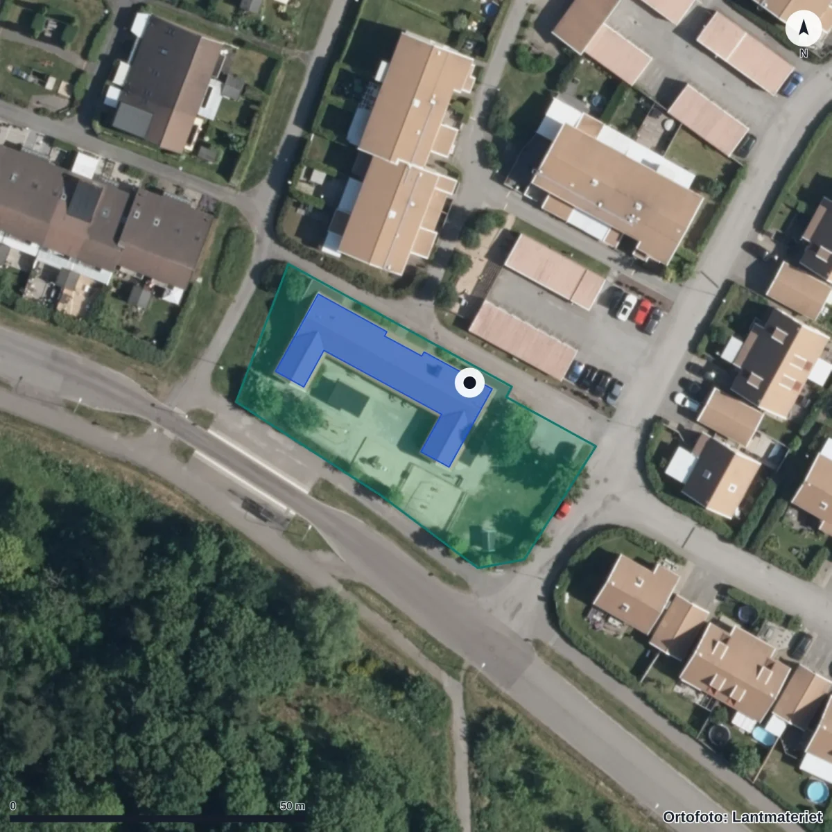 Flygbild över Björnbärets Förskola, ortofoto från Lantmäteriet
