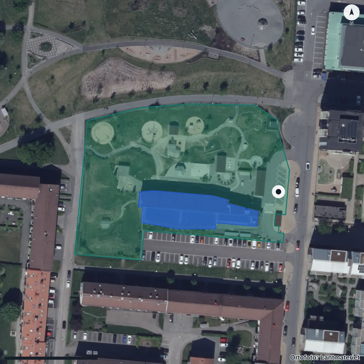 Flygbild över Fjärdingsgatan 20 Förskola, ortofoto från Lantmäteriet