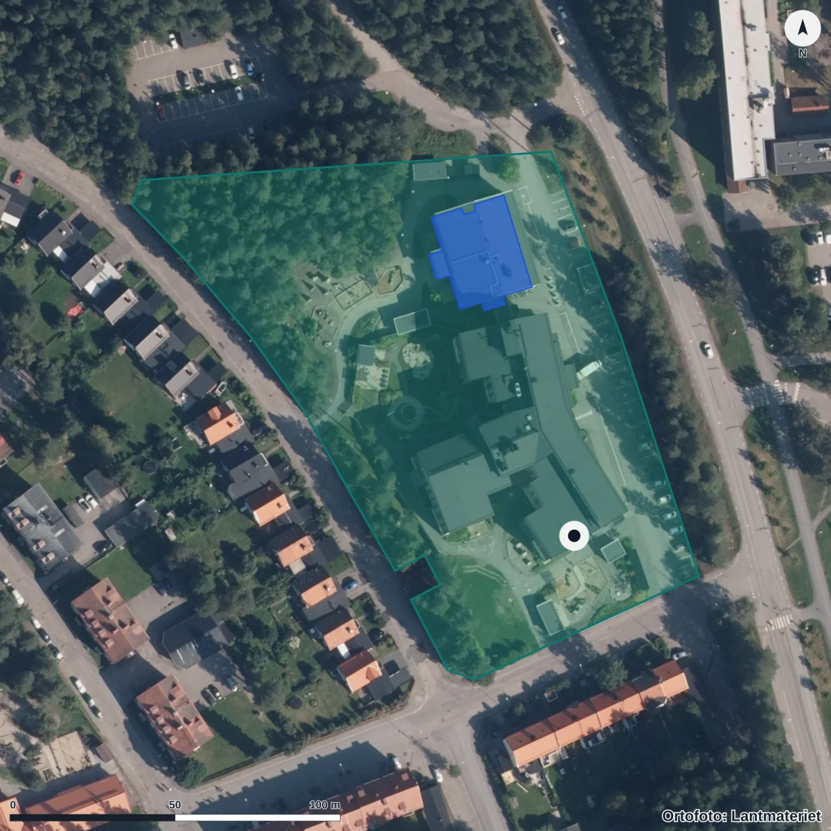 Flygbild över Förskolan Dungen, ortofoto från Lantmäteriet
